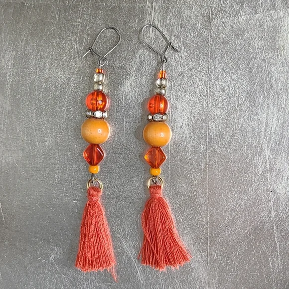 Brand New Earrings Orange Glass Tassel Lightweight Eclectic Travel Handmade Fun - Picture 1 of 3